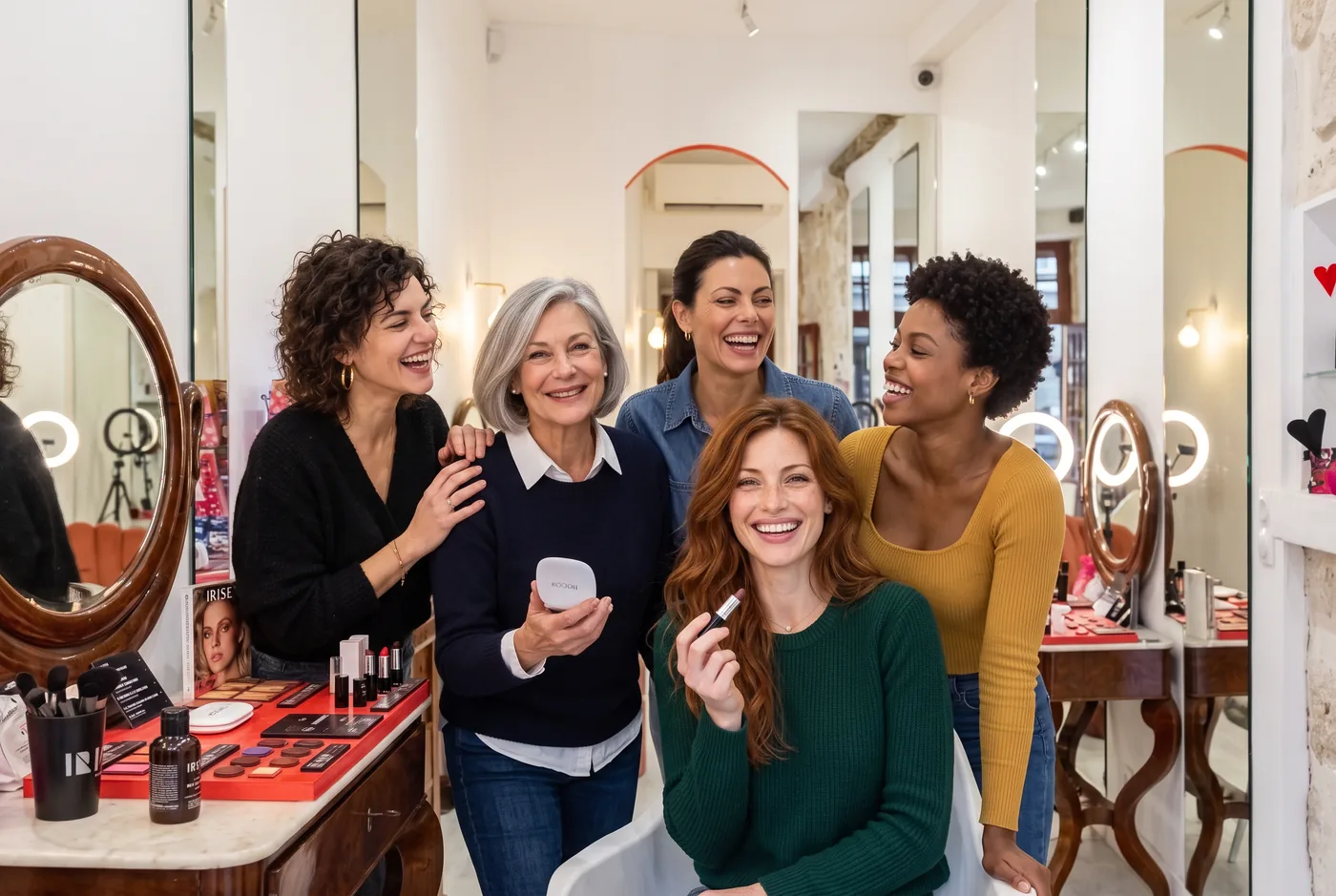 Photo de groupe en fin de cours à la boutique de Paris : la maquilleuse et quatre participantes, rires et maquillages terminés