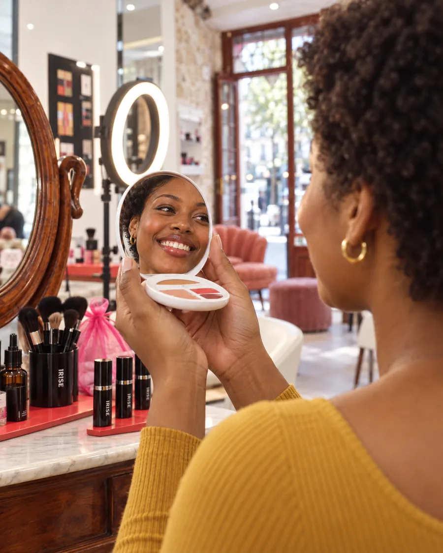 Une participante sourit dans le miroir de son compact : pendant le cours, c'est elle qui se maquille