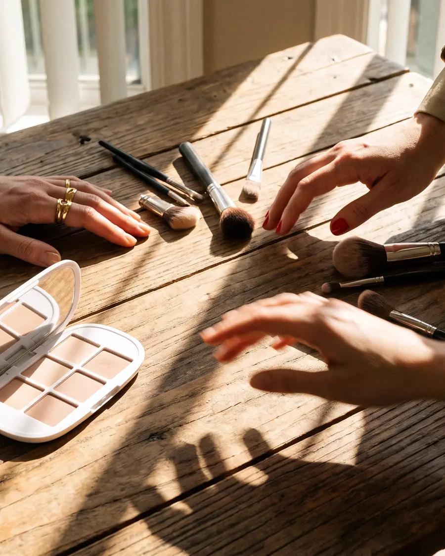 Un pinceau plat posé sur une Mood Box ouverte, le matin, pour un maquillage en 30 secondes devant le miroir.